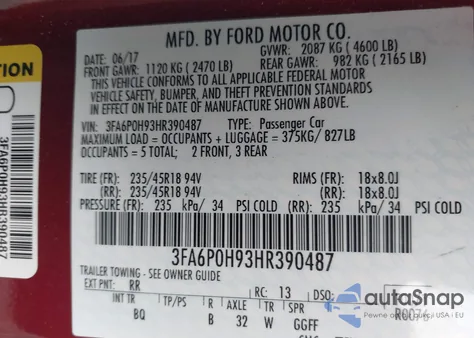 2017 Ford Fusion Se из США, поврежденный, VIN 3FA6P0H93HR390487